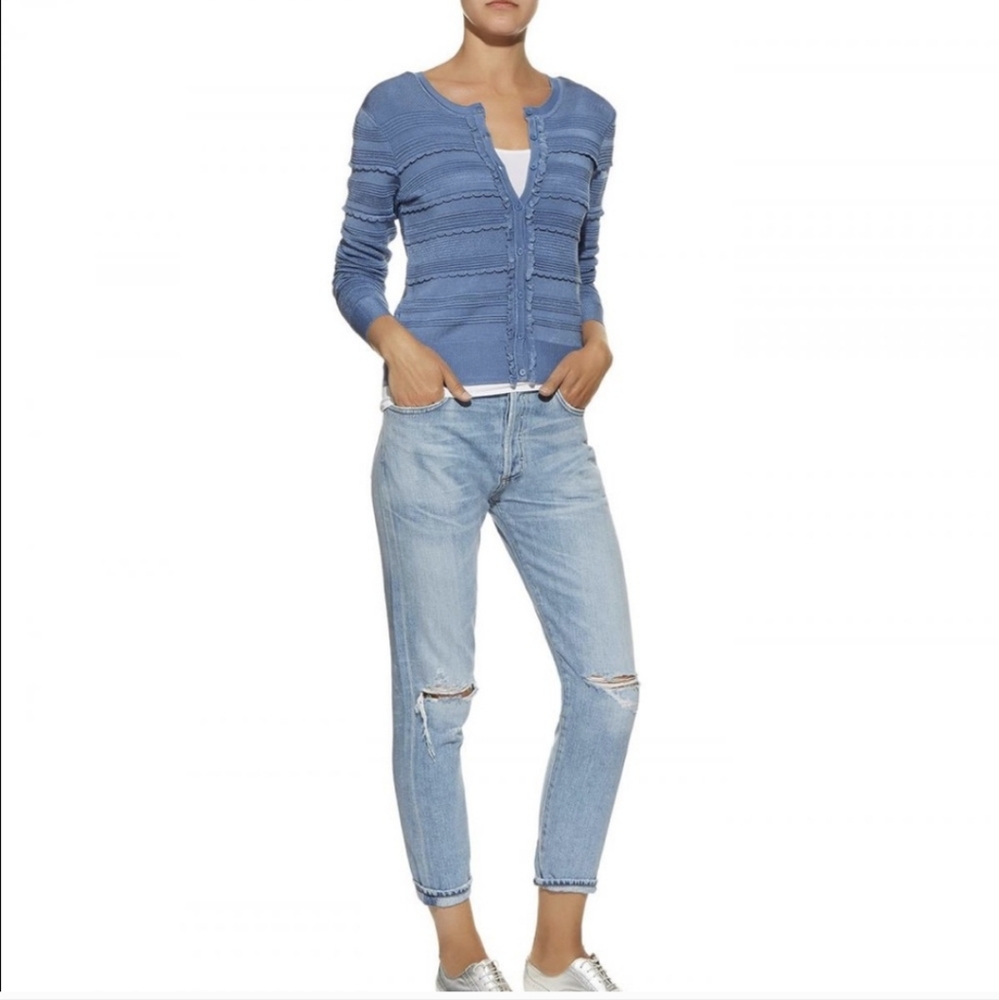 Sandro Paris blue ruffled frill cardigan sweater